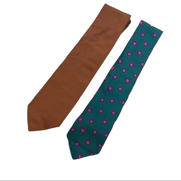 2 Perry Ellis Portfolio 100% Silk Ties Solid Bronze and Green & Purple Patterned - Picture 1 of 6